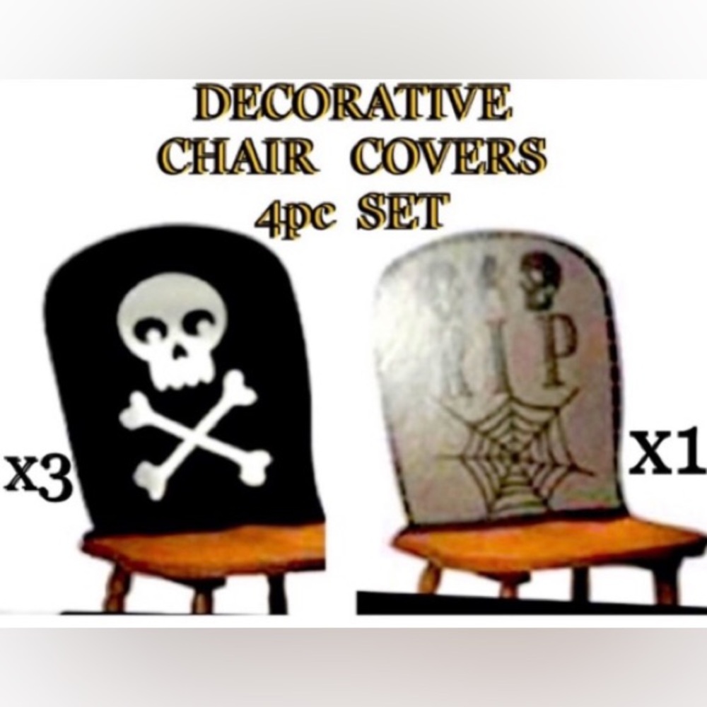 SKULL/RIP slip on CHAIR COVERS 4pc set Halloween Decor size 21x22 NWOT